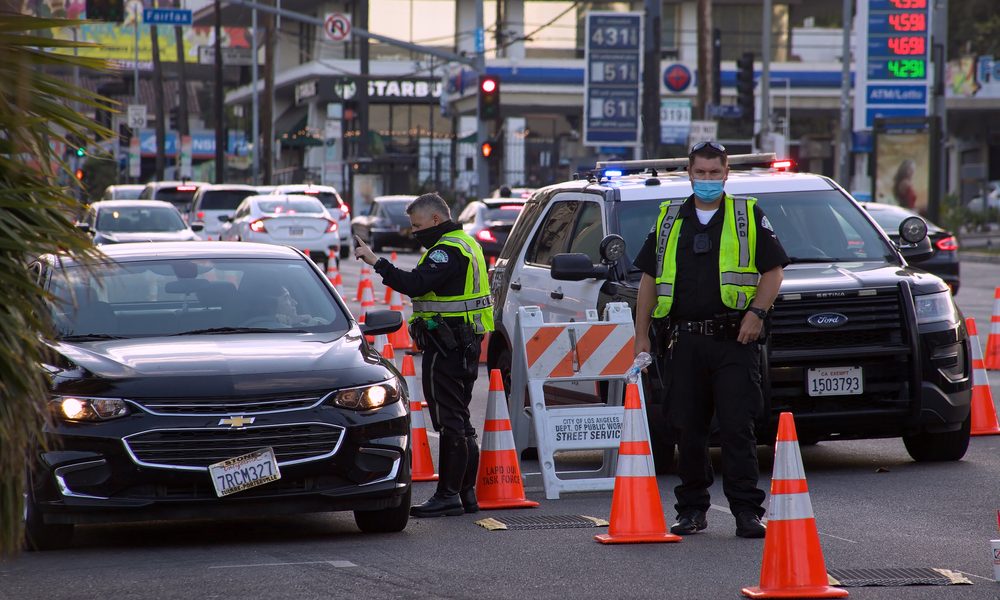 A DUI Checkpoint in Los Angeles, California. Two officers staffing the checkpoint.