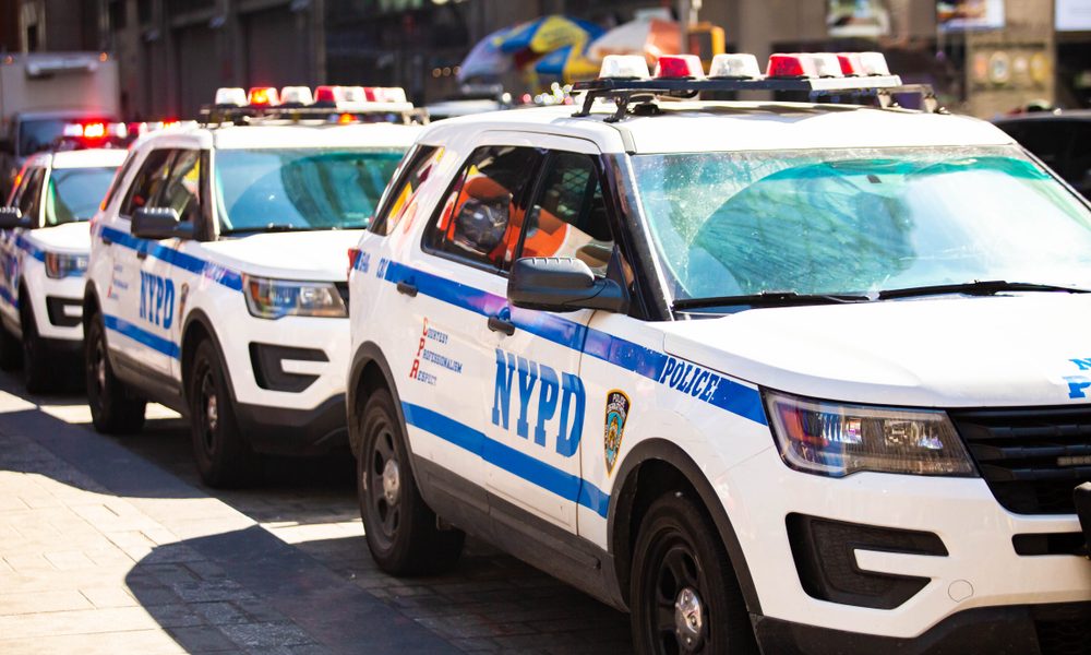 A row of police vehicles belonging to the New York Police Department.