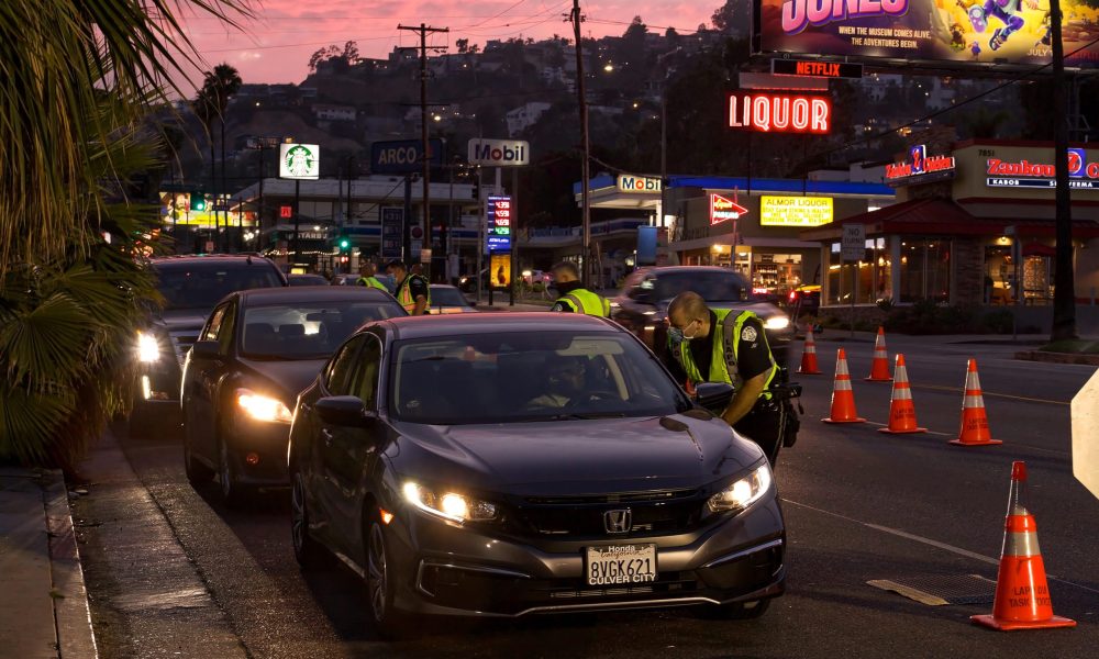 A DUI checkpoint on Sunset Boulevard in Los Angeles, California.